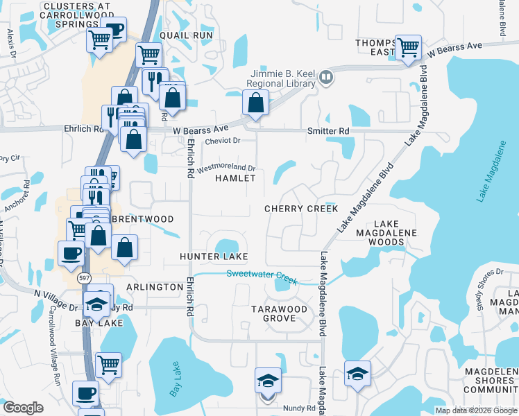 map of restaurants, bars, coffee shops, grocery stores, and more near 13912 Cherry Creek Drive in Tampa
