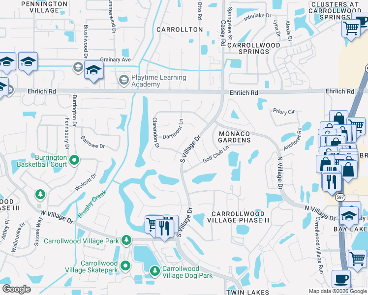 map of restaurants, bars, coffee shops, grocery stores, and more near 14201 Ashburn Place in Tampa