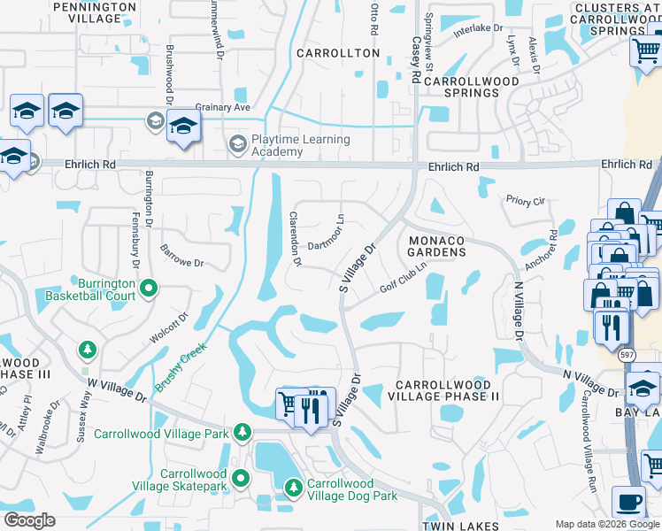map of restaurants, bars, coffee shops, grocery stores, and more near 14201 Ashburn Place in Tampa