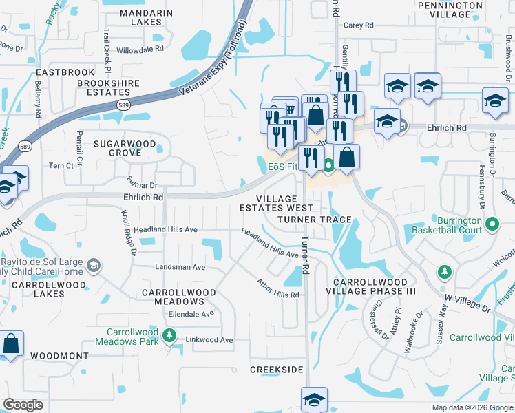 map of restaurants, bars, coffee shops, grocery stores, and more near 5002 Oakshire Drive in Tampa
