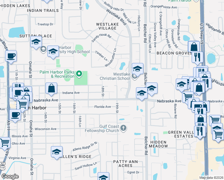 map of restaurants, bars, coffee shops, grocery stores, and more near 1309 19th Street in Palm Harbor