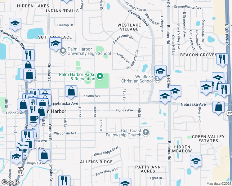 map of restaurants, bars, coffee shops, grocery stores, and more near 1719 Indiana Avenue in Palm Harbor