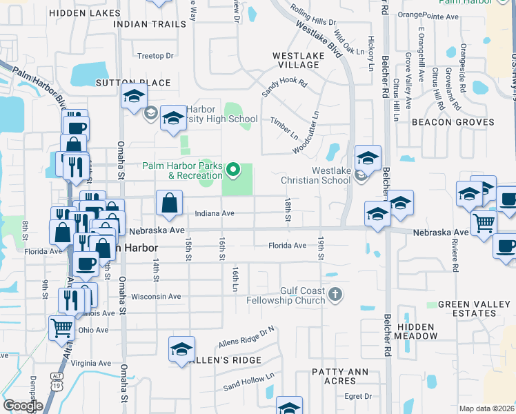 map of restaurants, bars, coffee shops, grocery stores, and more near 1719 Indiana Avenue in Palm Harbor