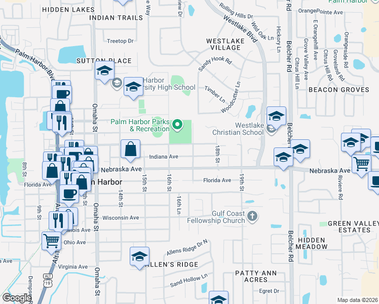 map of restaurants, bars, coffee shops, grocery stores, and more near 1631 Indiana Avenue in Palm Harbor