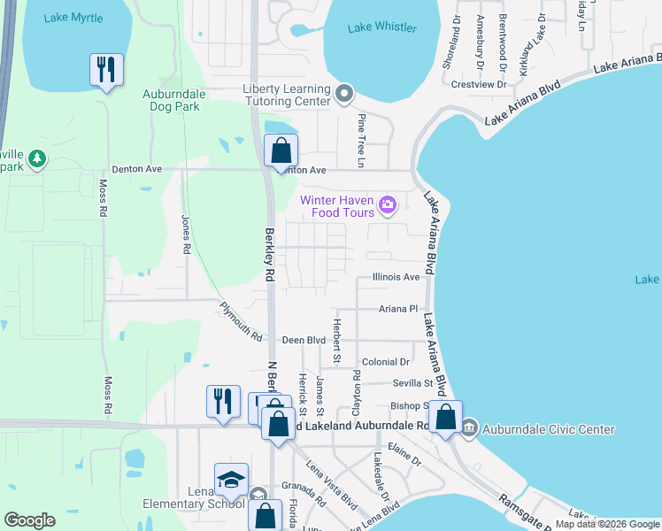 map of restaurants, bars, coffee shops, grocery stores, and more near 416 McElwee Drive in Auburndale