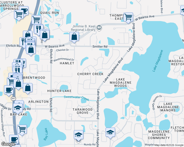 map of restaurants, bars, coffee shops, grocery stores, and more near 13921 Cherry Dale Lane in Tampa