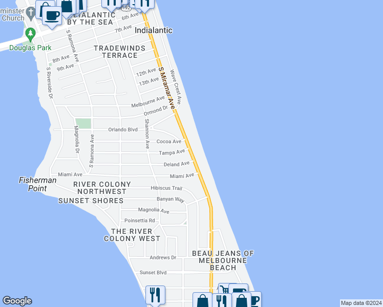 map of restaurants, bars, coffee shops, grocery stores, and more near 1505 Highway A1A in Indialantic