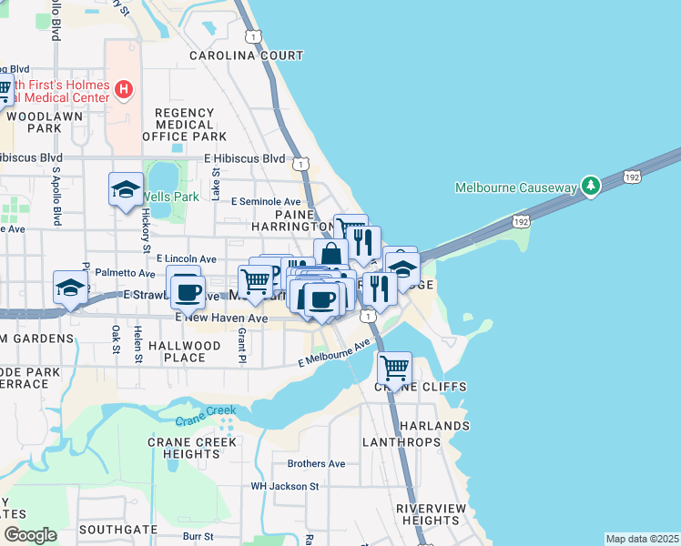 map of restaurants, bars, coffee shops, grocery stores, and more near 1824 South Harbor City Boulevard in Melbourne
