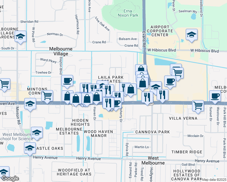 map of restaurants, bars, coffee shops, grocery stores, and more near 108 East Laila Drive in Melbourne