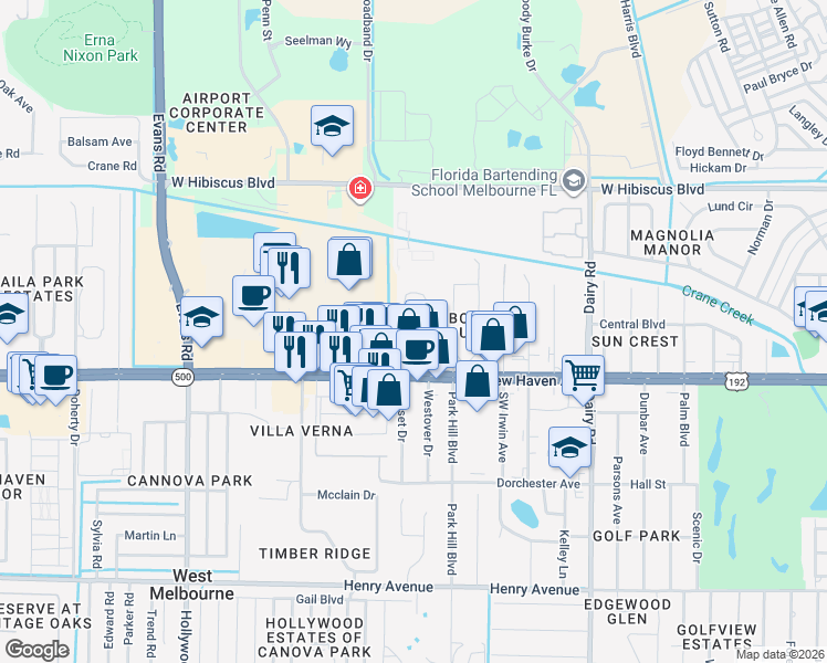 map of restaurants, bars, coffee shops, grocery stores, and more near 51 Piney Branch Way in West Melbourne