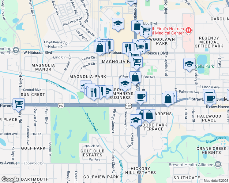 map of restaurants, bars, coffee shops, grocery stores, and more near 1915 South Park Avenue in Melbourne
