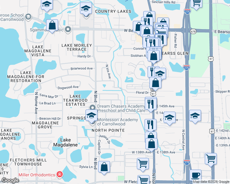 map of restaurants, bars, coffee shops, grocery stores, and more near 811 Ambassador Loop in Tampa