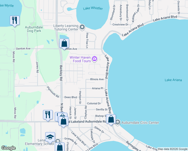 map of restaurants, bars, coffee shops, grocery stores, and more near 110 Illinois Avenue in Auburndale
