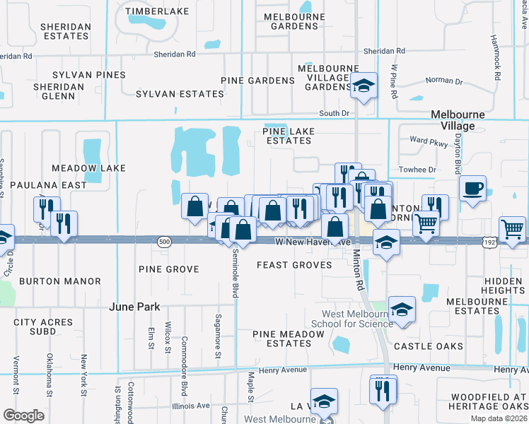 map of restaurants, bars, coffee shops, grocery stores, and more near 7875 Northern Oak Street in Melbourne