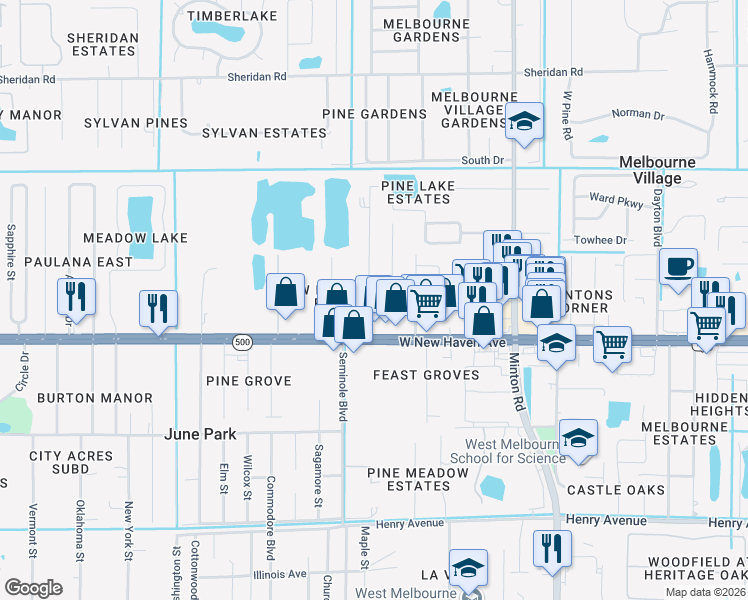 map of restaurants, bars, coffee shops, grocery stores, and more near 7966 Northern Oak Street in Melbourne