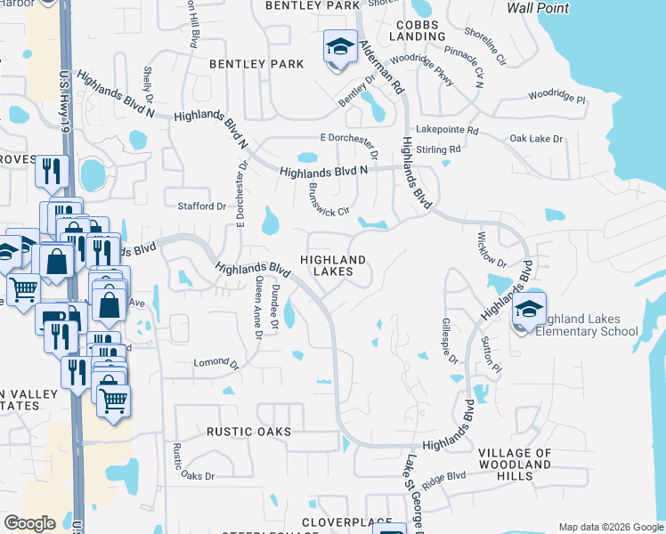 map of restaurants, bars, coffee shops, grocery stores, and more near 3244 Braemar Terrace in Palm Harbor