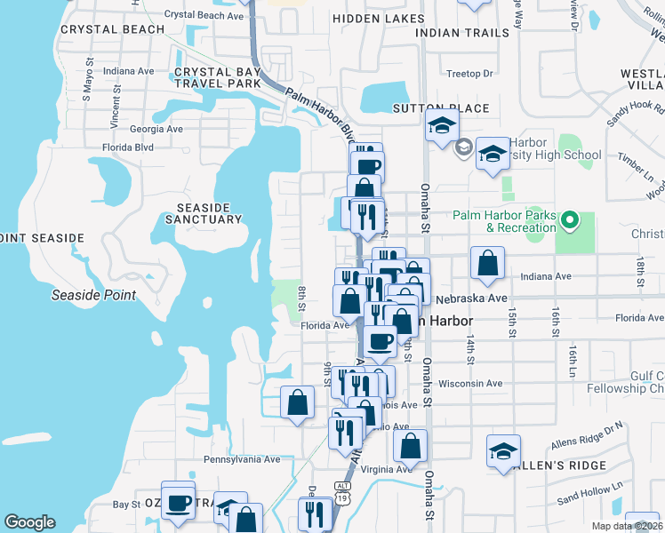 map of restaurants, bars, coffee shops, grocery stores, and more near 1344 Ribolla Drive in Palm Harbor