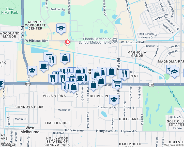 map of restaurants, bars, coffee shops, grocery stores, and more near 52 West Court in West Melbourne