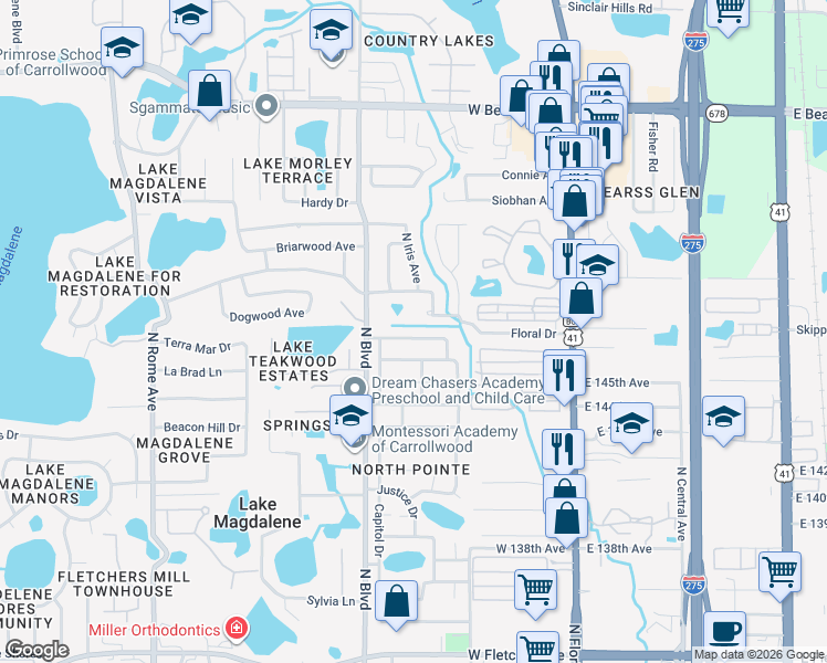 map of restaurants, bars, coffee shops, grocery stores, and more near 816 Ambassador Loop in Tampa