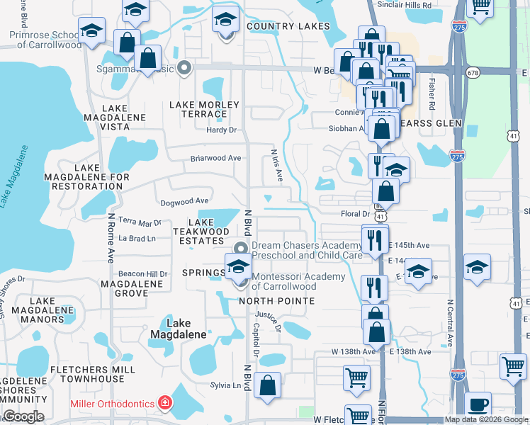 map of restaurants, bars, coffee shops, grocery stores, and more near 828 Ambassador Loop in Tampa