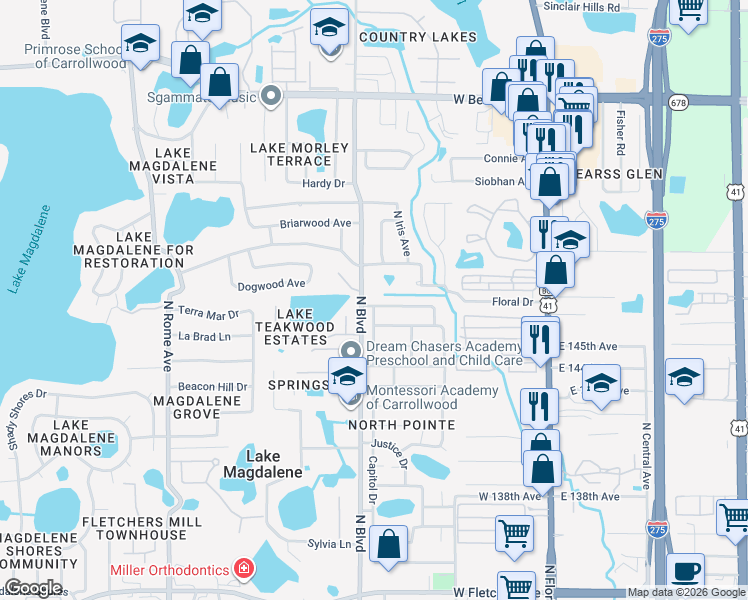 map of restaurants, bars, coffee shops, grocery stores, and more near 828 Ambassador Loop in Tampa
