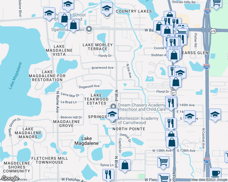 map of restaurants, bars, coffee shops, grocery stores, and more near 14506 Juliette Place in Tampa