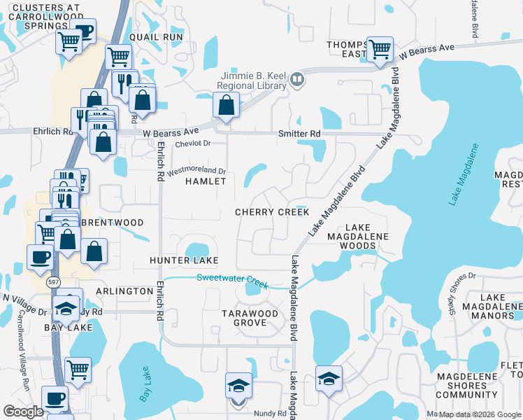 map of restaurants, bars, coffee shops, grocery stores, and more near 3101 Forest Knoll Circle in Tampa