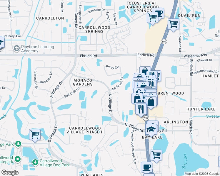 map of restaurants, bars, coffee shops, grocery stores, and more near 14501 Anchoret Road in Tampa