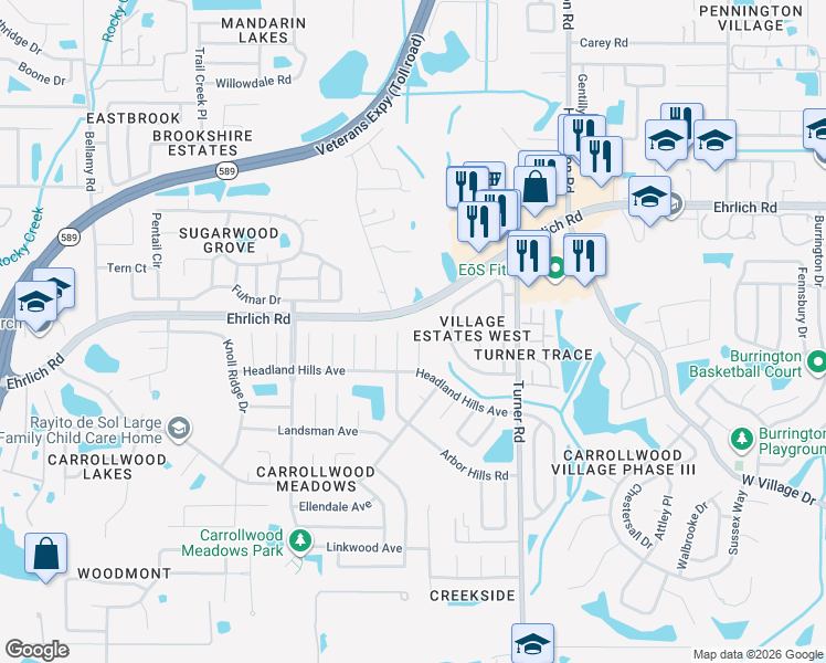 map of restaurants, bars, coffee shops, grocery stores, and more near 14508 Arbor Hills Road in Tampa