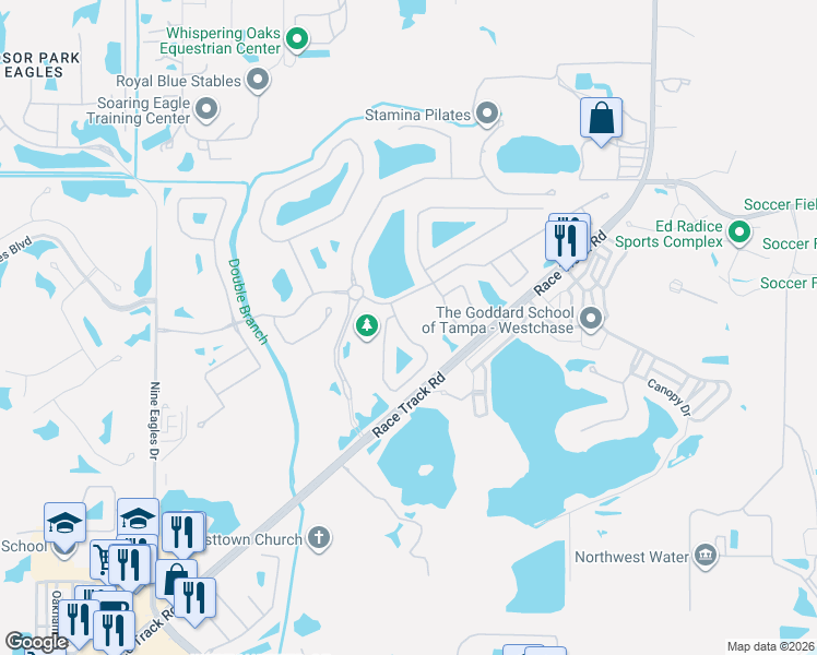 map of restaurants, bars, coffee shops, grocery stores, and more near 14621 Mirabelle Vista Circle in Tampa