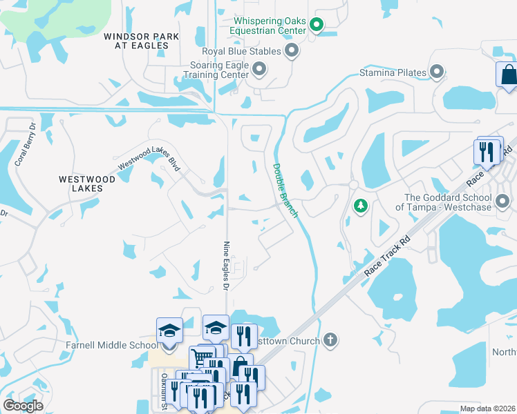 map of restaurants, bars, coffee shops, grocery stores, and more near 12006 Meridian Point Drive in Tampa