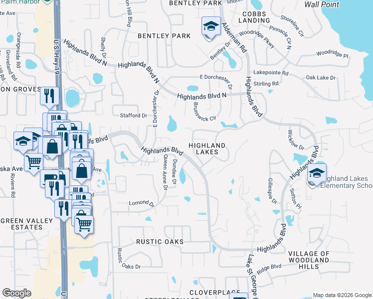 map of restaurants, bars, coffee shops, grocery stores, and more near 1382 Glengarry Drive in Palm Harbor