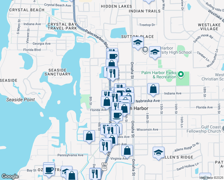 map of restaurants, bars, coffee shops, grocery stores, and more near 1003 Indiana Avenue in Palm Harbor