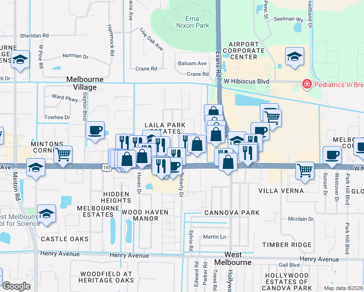 map of restaurants, bars, coffee shops, grocery stores, and more near 125 Woodland Drive in West Melbourne
