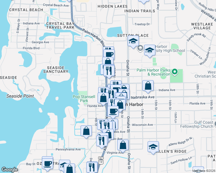 map of restaurants, bars, coffee shops, grocery stores, and more near 1316 Alt 19 in Palm Harbor