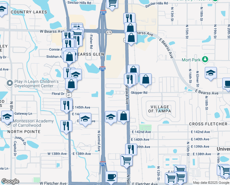 map of restaurants, bars, coffee shops, grocery stores, and more near 14602 Acorn Court in Tampa