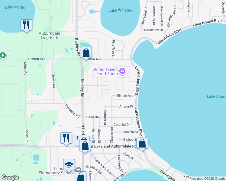 map of restaurants, bars, coffee shops, grocery stores, and more near 128 Illinois Avenue in Auburndale