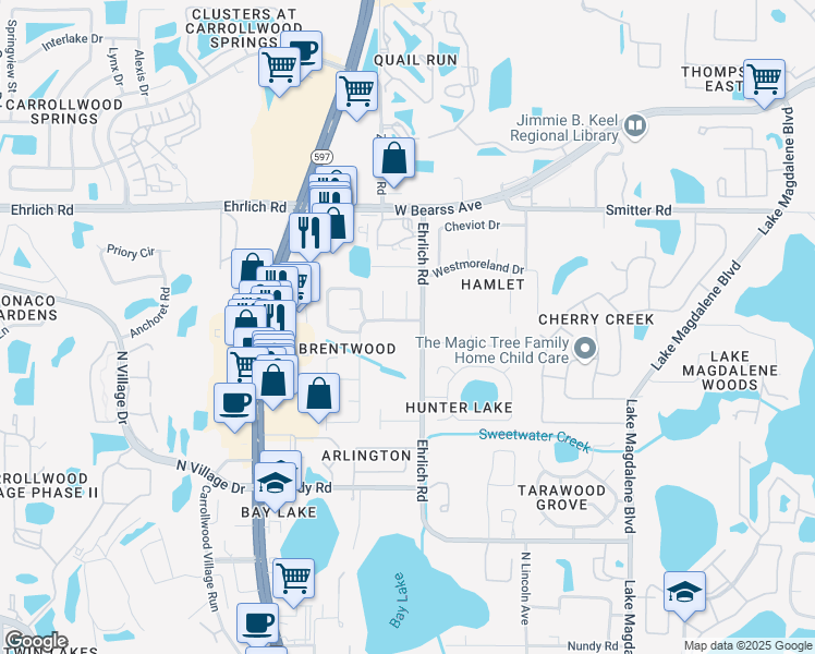 map of restaurants, bars, coffee shops, grocery stores, and more near 14511 Brentwood Drive in Tampa