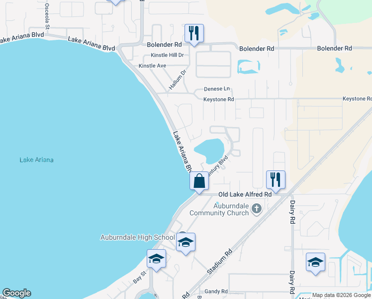 map of restaurants, bars, coffee shops, grocery stores, and more near 1102 Ariana Boulevard in Auburndale