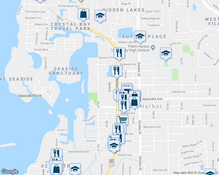 map of restaurants, bars, coffee shops, grocery stores, and more near 1200 Riserva Lane in Palm Harbor