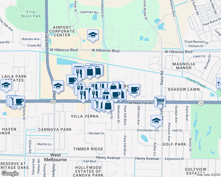 map of restaurants, bars, coffee shops, grocery stores, and more near 1490 West New Haven Avenue in Melbourne