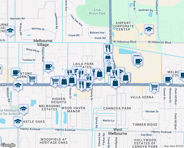map of restaurants, bars, coffee shops, grocery stores, and more near 125 Woodland Drive in West Melbourne