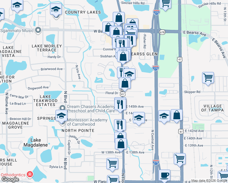 map of restaurants, bars, coffee shops, grocery stores, and more near 114 Floral Drive in Tampa