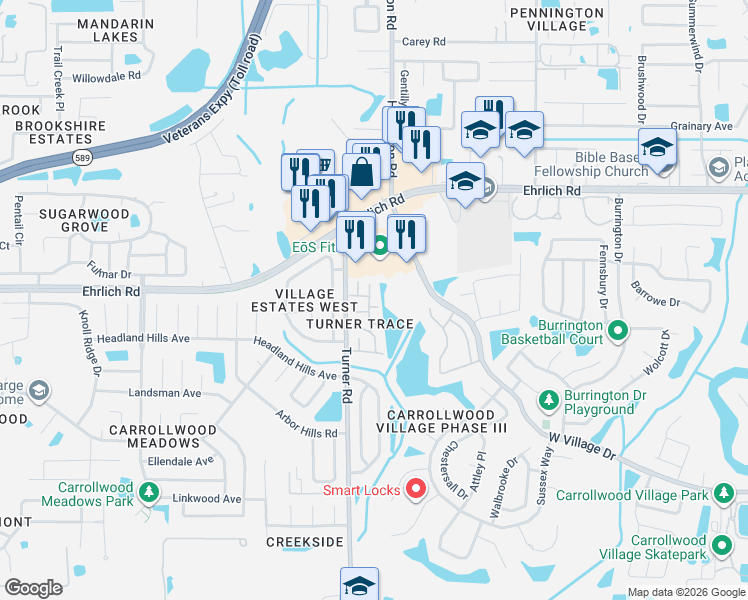 map of restaurants, bars, coffee shops, grocery stores, and more near 5204 Turnbury Court in Tampa