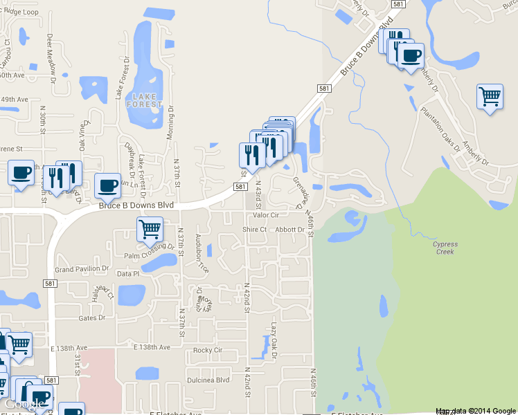 map of restaurants, bars, coffee shops, grocery stores, and more near 14507 Valor Circle in Tampa