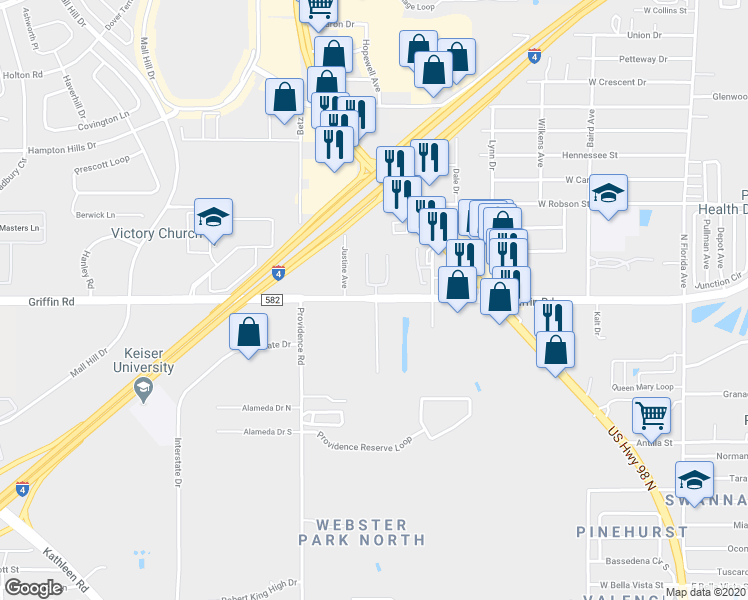 map of restaurants, bars, coffee shops, grocery stores, and more near 1014 Griffin Road in Lakeland