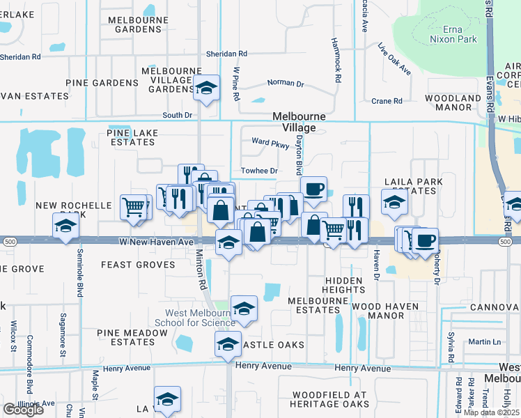 map of restaurants, bars, coffee shops, grocery stores, and more near 122 Laurel Oak Street in West Melbourne