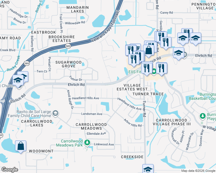 map of restaurants, bars, coffee shops, grocery stores, and more near 14508 Arbor Hills Road in Tampa