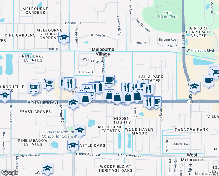 map of restaurants, bars, coffee shops, grocery stores, and more near 2750 West New Haven Avenue in Melbourne Village