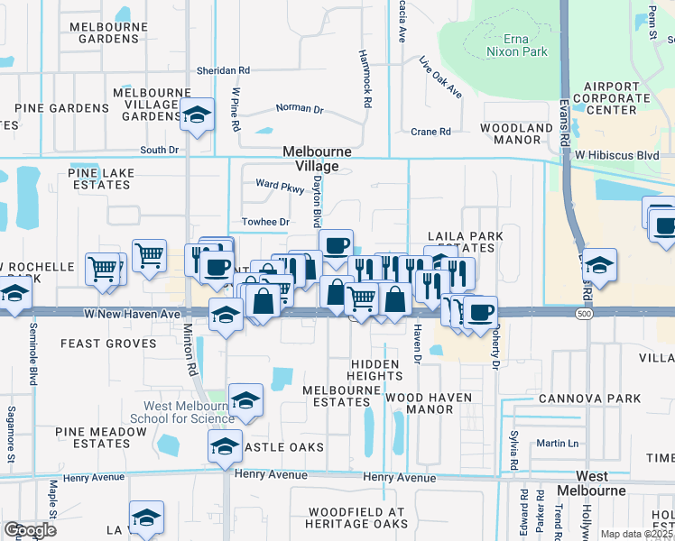 map of restaurants, bars, coffee shops, grocery stores, and more near 2750 West New Haven Avenue in Melbourne Village
